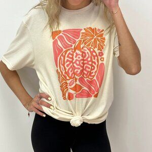 Ladies Pink & Orange Leopard Floral Print Pumpkin Crew Neck Tee